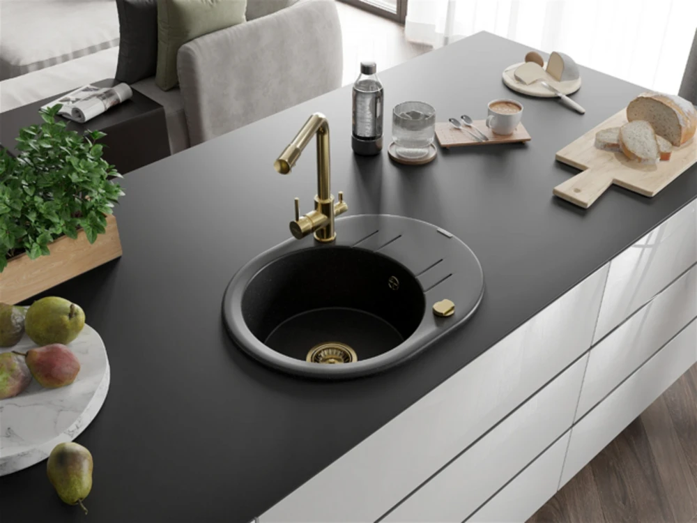 Granitinė virtuvinė plautuvė Mexen Kevin su maišytuvu ir sifonu, Metallic juodas/sidabrinis+Gold
