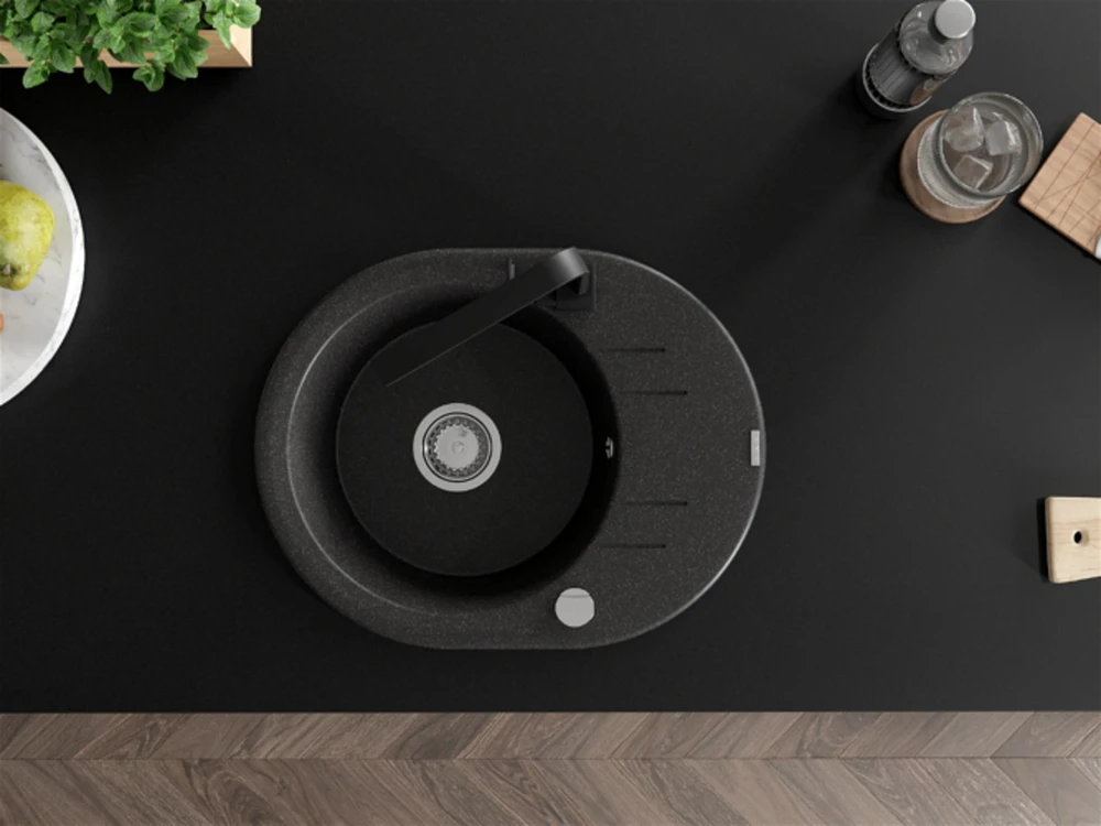 Granitinė virtuvinė plautuvė Mexen Kevin su maišytuvu ir sifonu, Juodas granite+Juodas