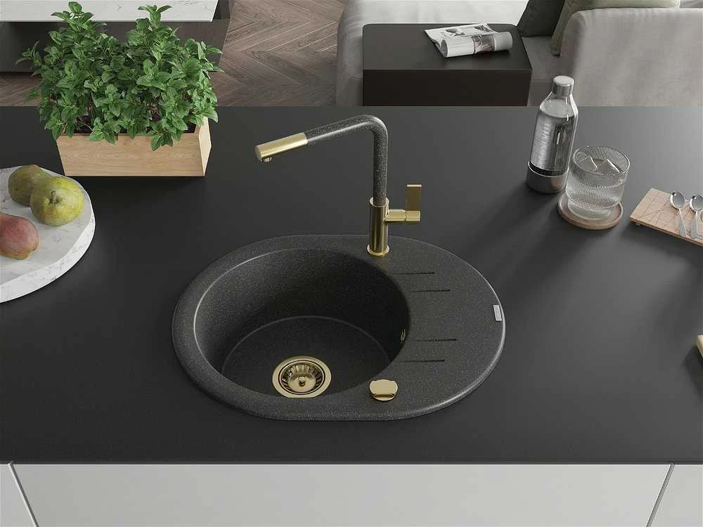 Granitinė virtuvinė plautuvė Mexen Kevin su maišytuvu ir sifonu, Juodas granite+Juodas granite/Gold