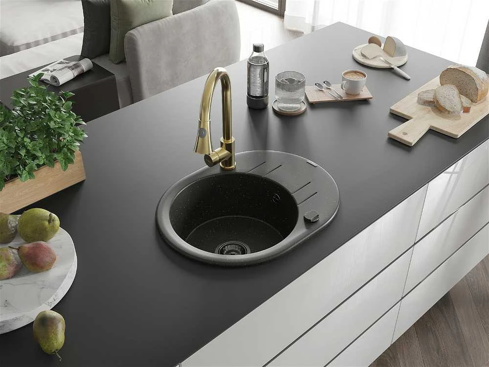 Granitinė virtuvinė plautuvė Mexen Kevin su maišytuvu ir sifonu, Metallic juodas/auksinis+Gold