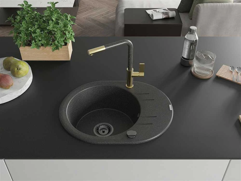 Granitinė virtuvinė plautuvė Mexen Kevin su maišytuvu ir sifonu, Juodas granite+Juodas granite/Gold