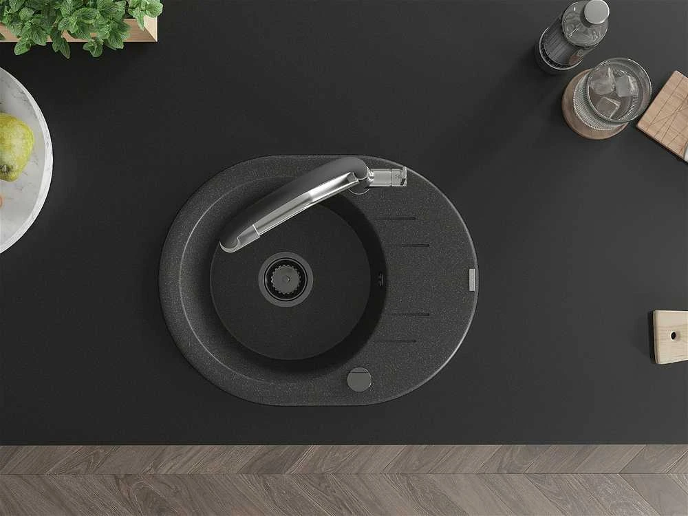 Granitinė virtuvinė plautuvė Mexen Kevin su maišytuvu ir sifonu, Juodas granite+Juodas/Chrome