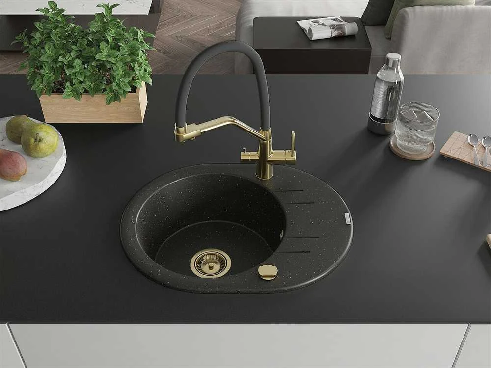 Granitinė virtuvinė plautuvė Mexen Kevin su maišytuvu ir sifonu, Metallic juodas/auksinis+Juodas/Gold