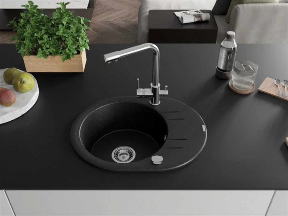 Granitinė virtuvinė plautuvė Mexen Kevin su maišytuvu ir sifonu, Metallic juodas/sidabrinis+Chrome