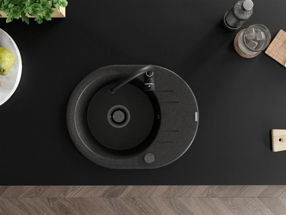 Granitinė virtuvinė plautuvė Mexen Kevin su maišytuvu ir sifonu, Juodas granite+Juodas(B)