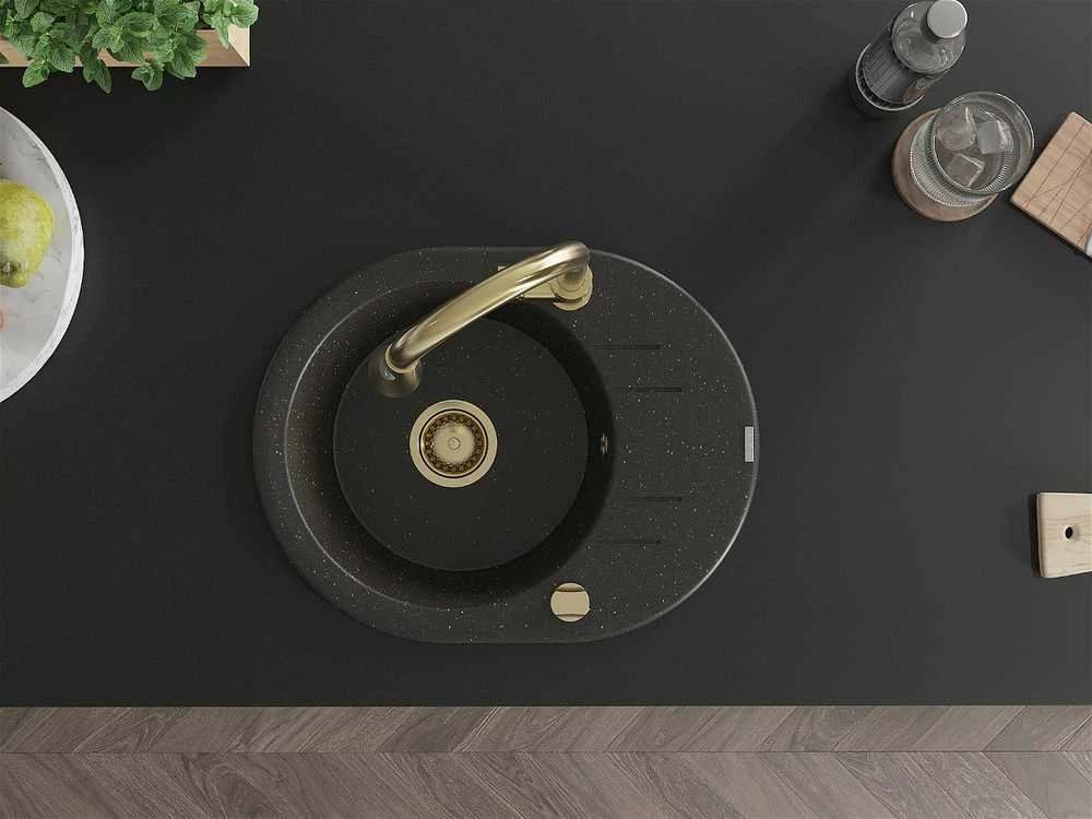 Granitinė virtuvinė plautuvė Mexen Kevin su maišytuvu ir sifonu, Metallic juodas/auksinis+Gold