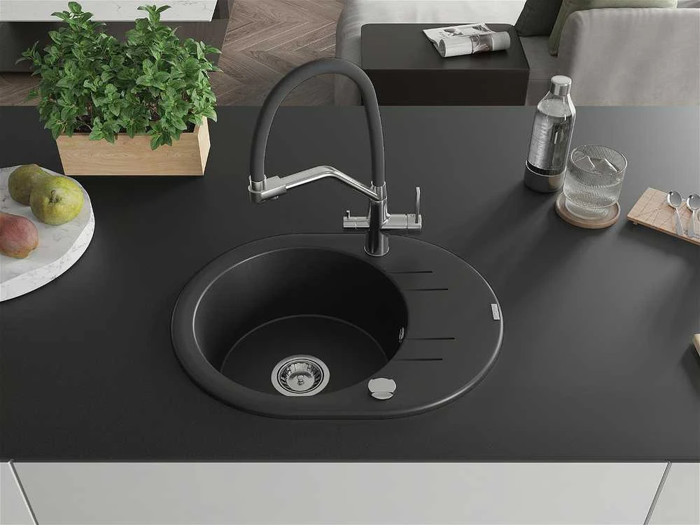 Granitinė virtuvinė plautuvė Mexen Kevin su maišytuvu ir sifonu, Juodas+Juodas/Chrome
