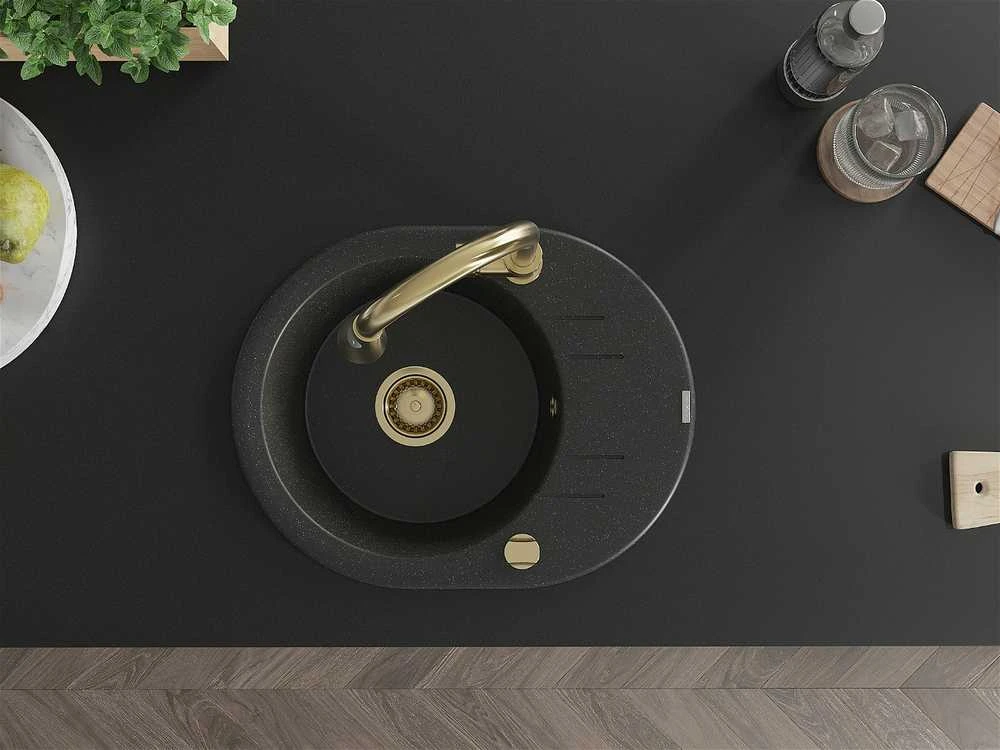 Granitinė virtuvinė plautuvė Mexen Kevin su maišytuvu ir sifonu, Metallic juodas/sidabrinis+Gold