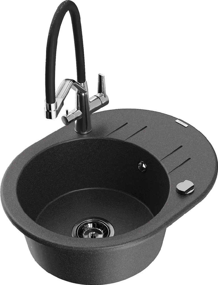Granitinė virtuvinė plautuvė Mexen Kevin su maišytuvu ir sifonu, Juodas granite+Juodas/Chrome