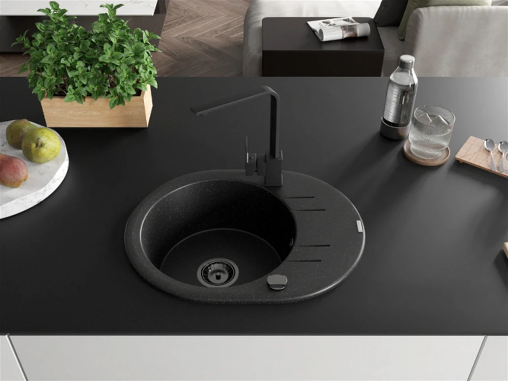 Granitinė virtuvinė plautuvė Mexen Kevin su maišytuvu ir sifonu, Metallic juodas/sidabrinis+Juodas(B)