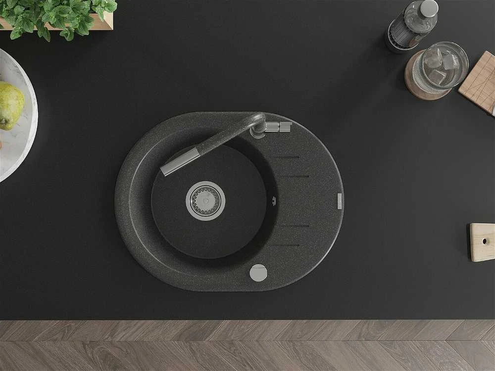 Granitinė virtuvinė plautuvė Mexen Kevin su maišytuvu ir sifonu, Juodas granite+Juodas granite/Chrome