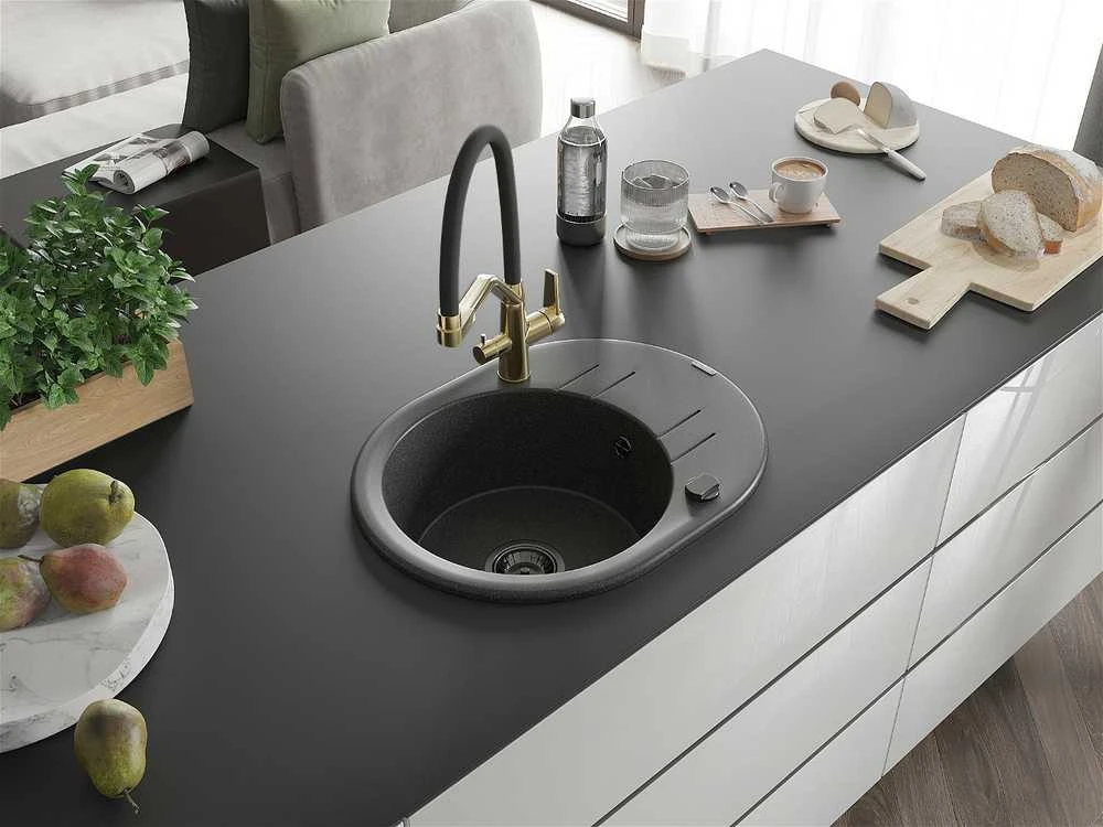 Granitinė virtuvinė plautuvė Mexen Kevin su maišytuvu ir sifonu, Juodas granite+Juodas/Gold