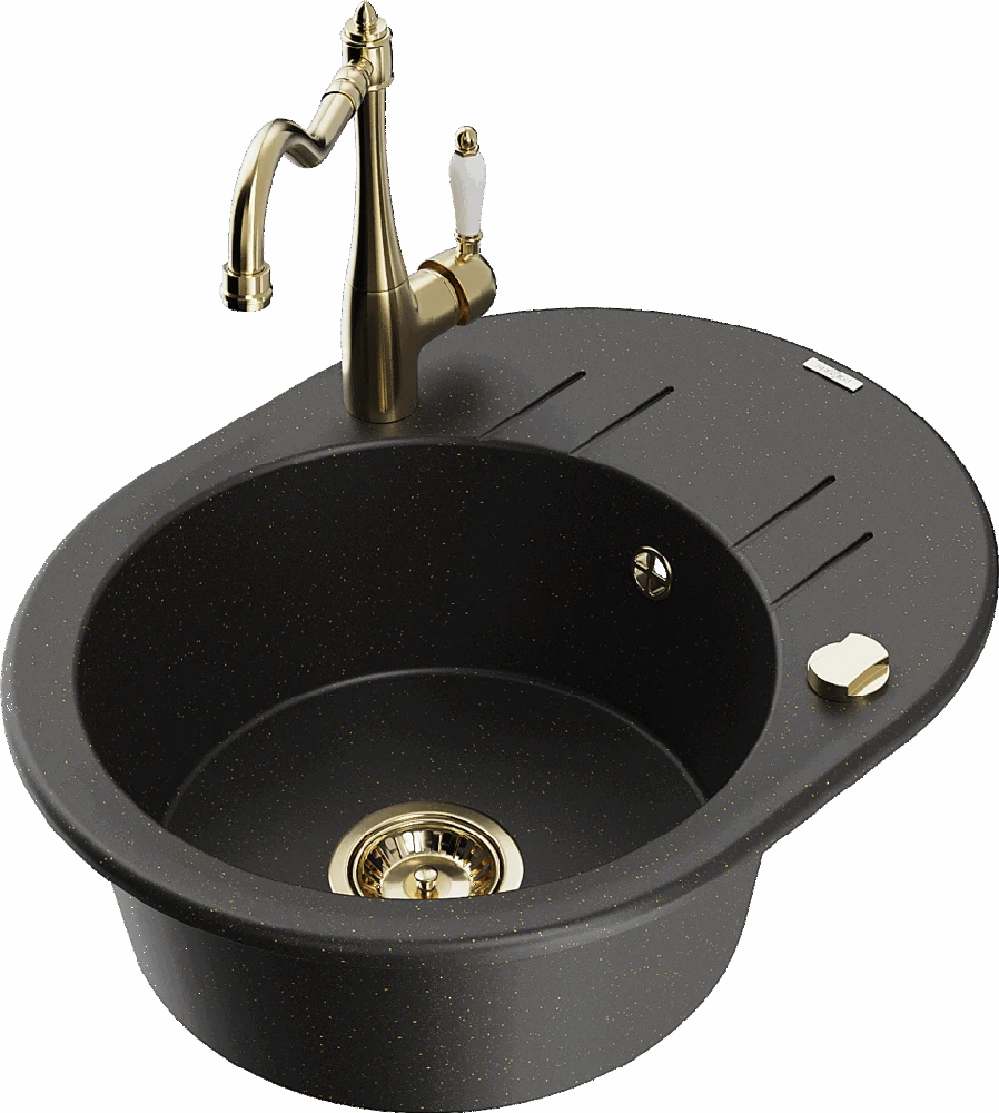 Granitinė virtuvinė plautuvė Mexen Kevin su maišytuvu ir sifonu, Metallic juodas/auksinis+Gold
