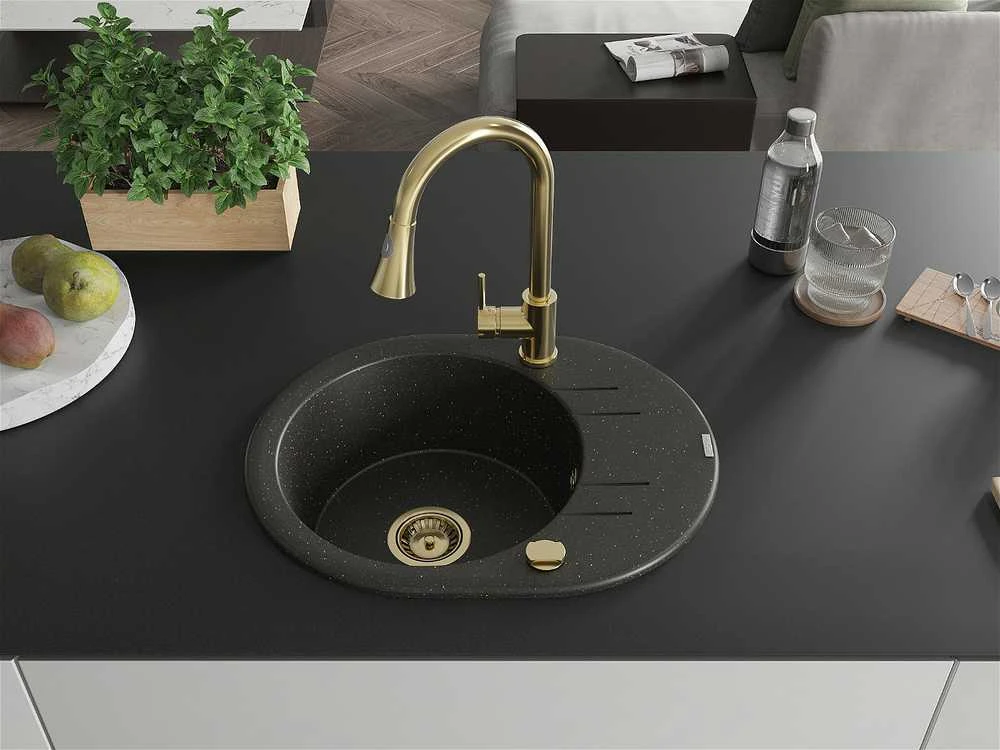 Granitinė virtuvinė plautuvė Mexen Kevin su maišytuvu ir sifonu, Metallic juodas/auksinis+Gold