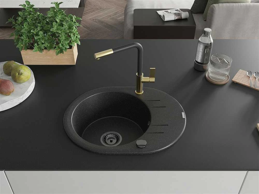 Granitinė virtuvinė plautuvė Mexen Kevin su maišytuvu ir sifonu, Metallic juodas/sidabrinis+Juodas/Gold