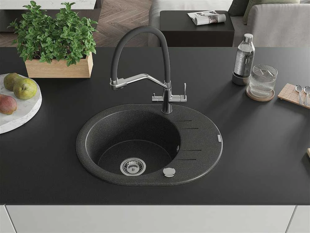 Granitinė virtuvinė plautuvė Mexen Kevin su maišytuvu ir sifonu, Juodas granite+Juodas/Chrome