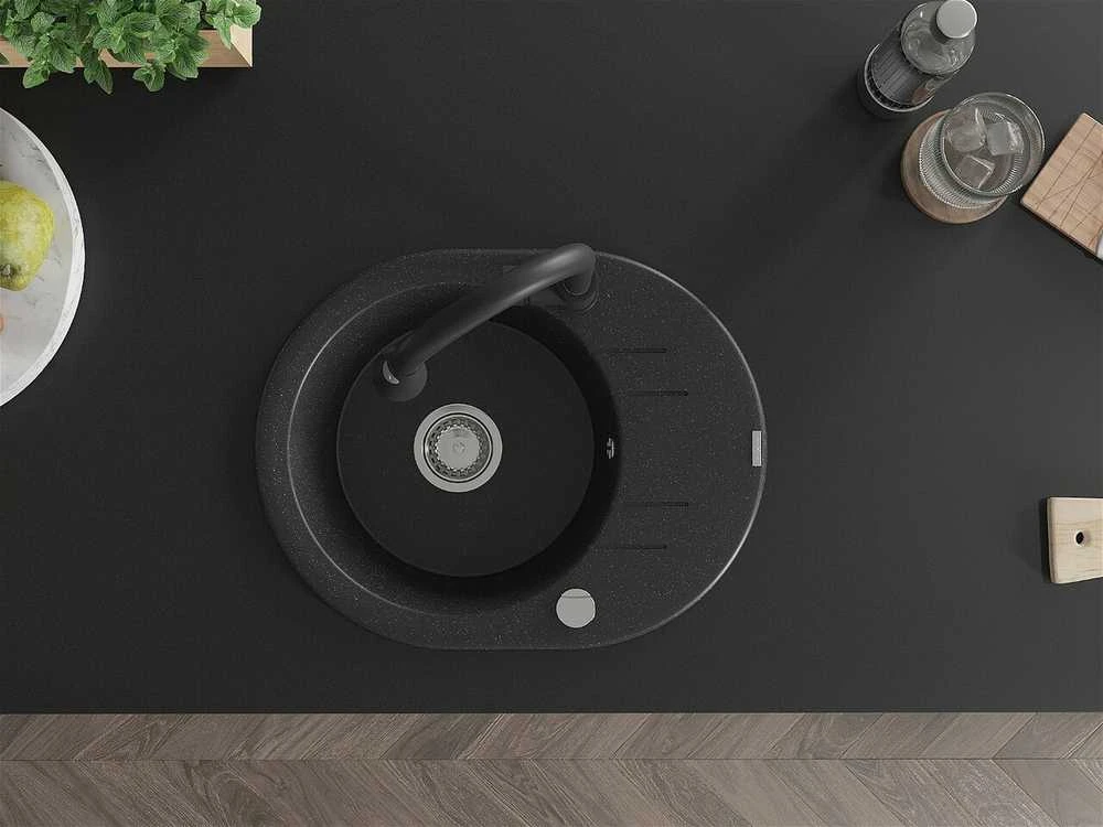 Granitinė virtuvinė plautuvė Mexen Kevin su maišytuvu ir sifonu, Metallic juodas/sidabrinis+Juodas