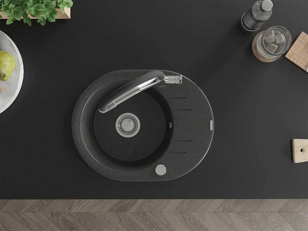Granitinė virtuvinė plautuvė Mexen Kevin su maišytuvu ir sifonu, Juodas granite+Juodas/Chrome