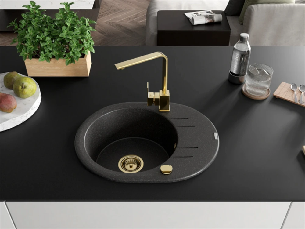 Granitinė virtuvinė plautuvė Mexen Kevin su maišytuvu ir sifonu, Juodas granite+Gold