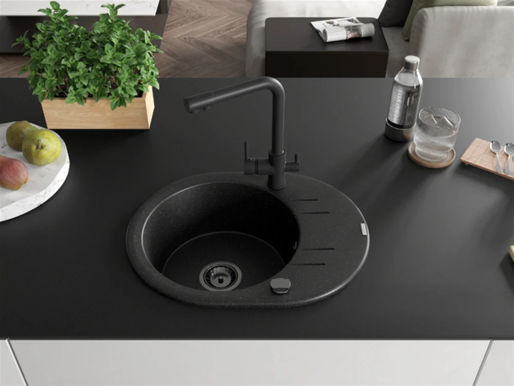 Granitinė virtuvinė plautuvė Mexen Kevin su maišytuvu ir sifonu, Metallic juodas/sidabrinis+Juodas(B)