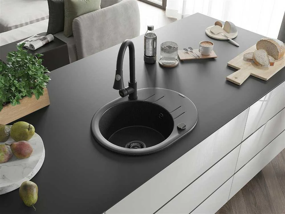 Granitinė virtuvinė plautuvė Mexen Kevin su maišytuvu ir sifonu, Metallic juodas/sidabrinis+Juodas