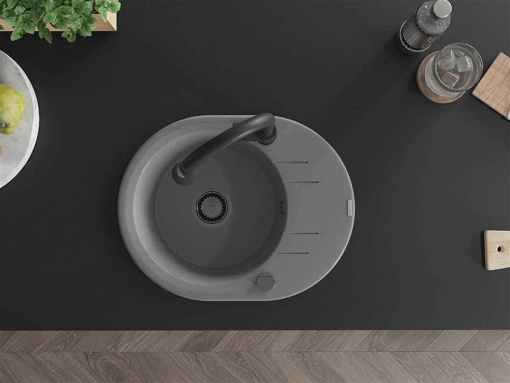 Granitinė virtuvinė plautuvė Mexen Kevin su maišytuvu ir sifonu, Pilkas+Juodas