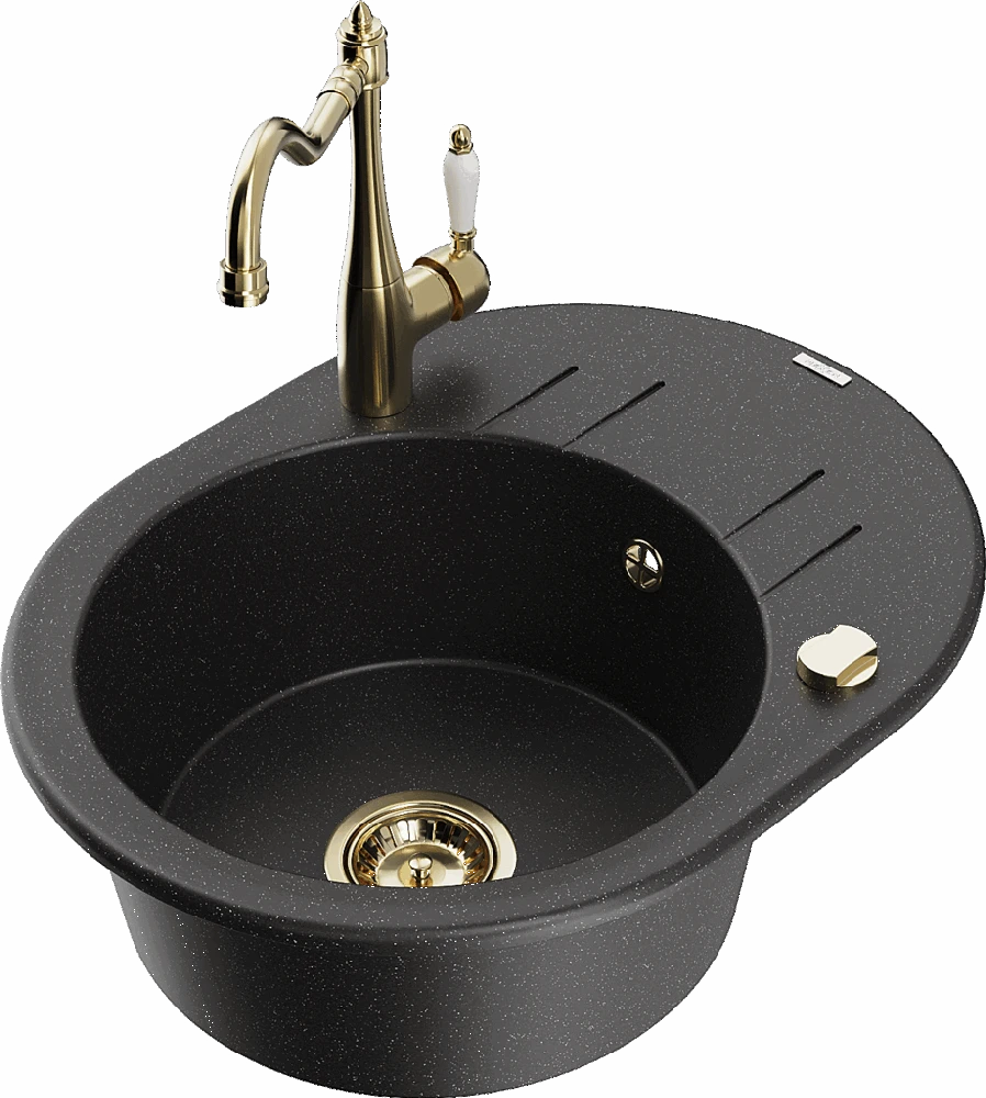 Granitinė virtuvinė plautuvė Mexen Kevin su maišytuvu ir sifonu, Metallic juodas/sidabrinis+Gold