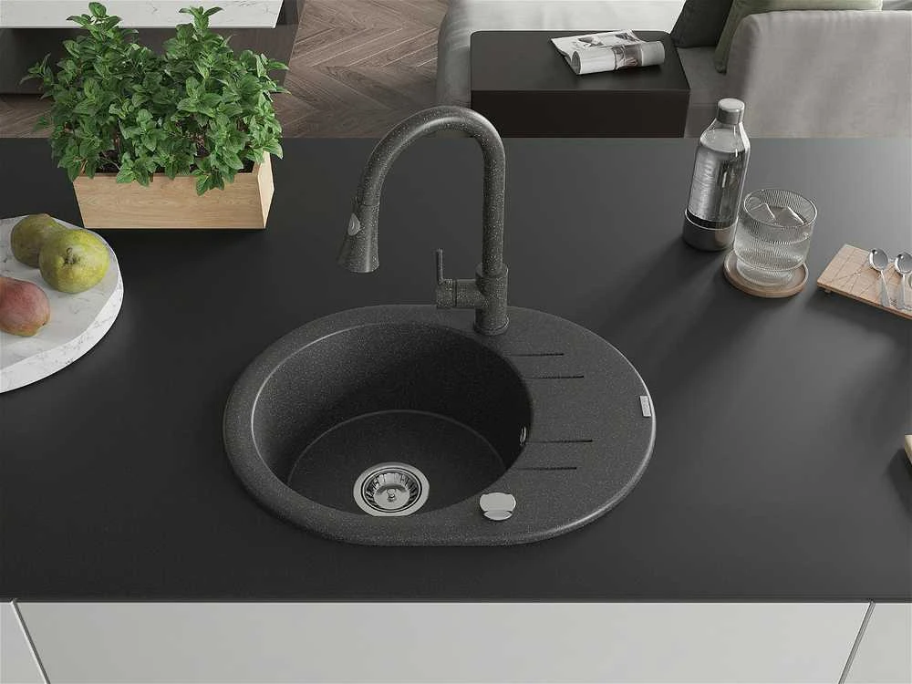 Granitinė virtuvinė plautuvė Mexen Kevin su maišytuvu ir sifonu, Juodas granite