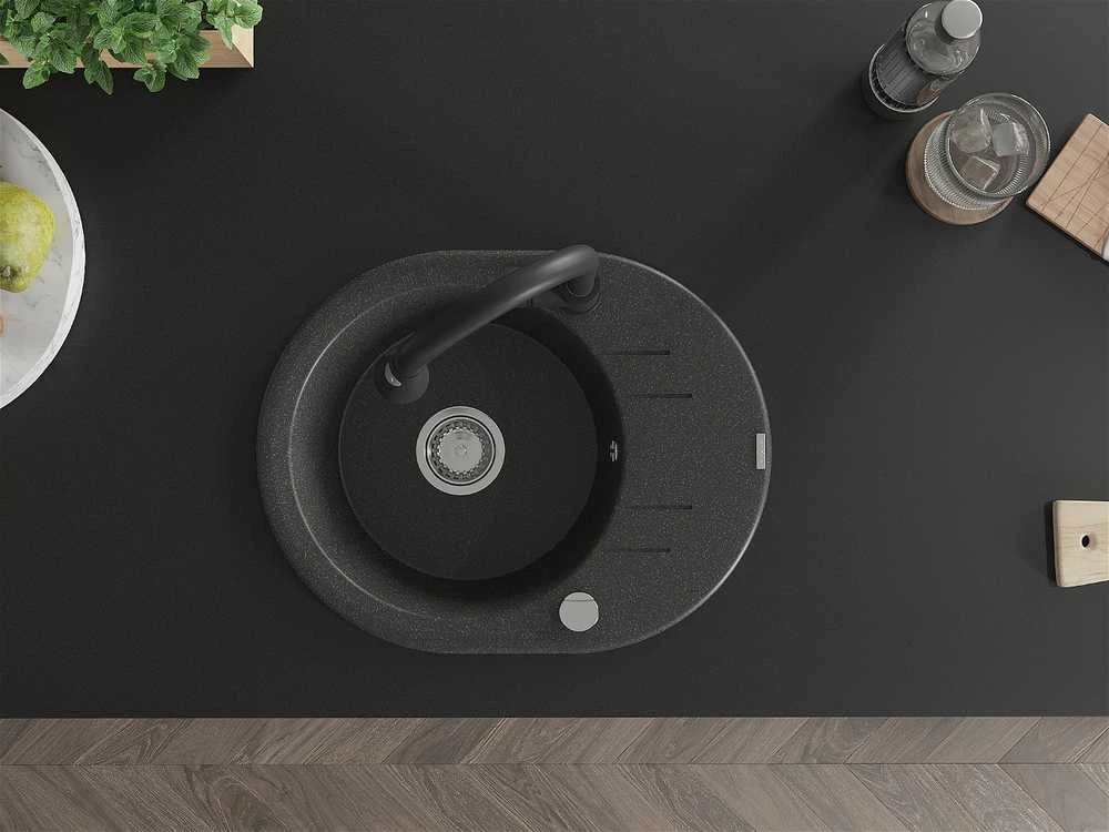Granitinė virtuvinė plautuvė Mexen Kevin su maišytuvu ir sifonu, Juodas granite+Juodas