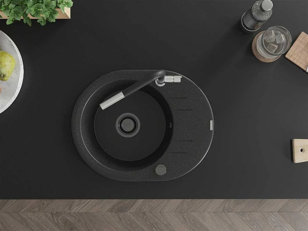 Granitinė virtuvinė plautuvė Mexen Kevin su maišytuvu ir sifonu, Metallic juodas/sidabrinis+Juodas/Chrome