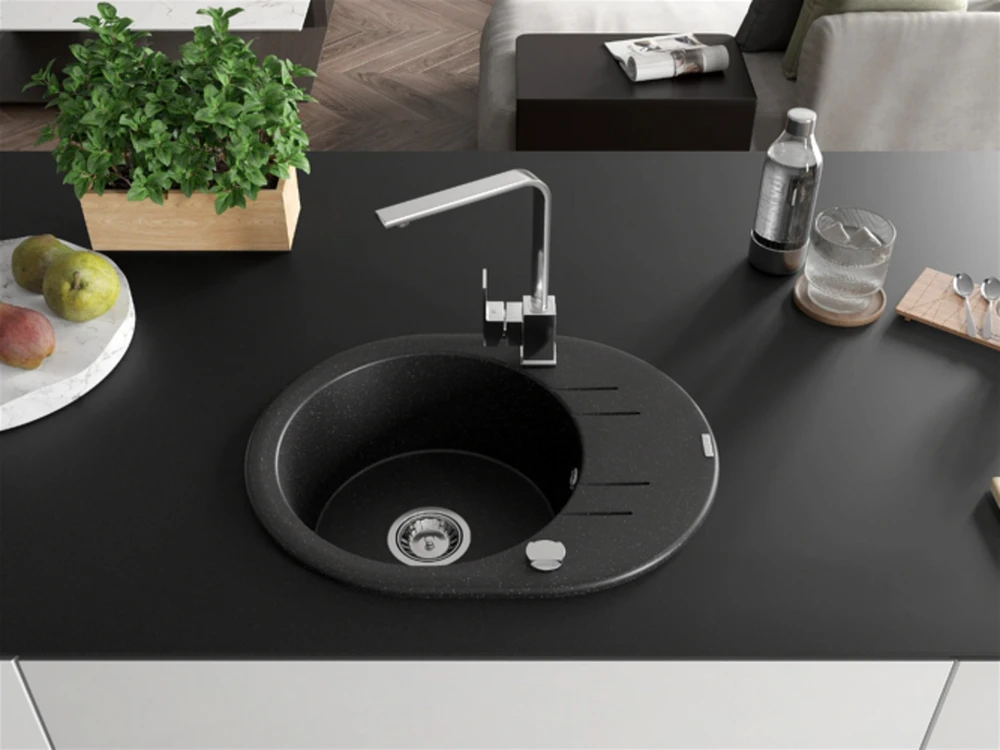 Granitinė virtuvinė plautuvė Mexen Kevin su maišytuvu ir sifonu, Metallic juodas/sidabrinis+Chrome