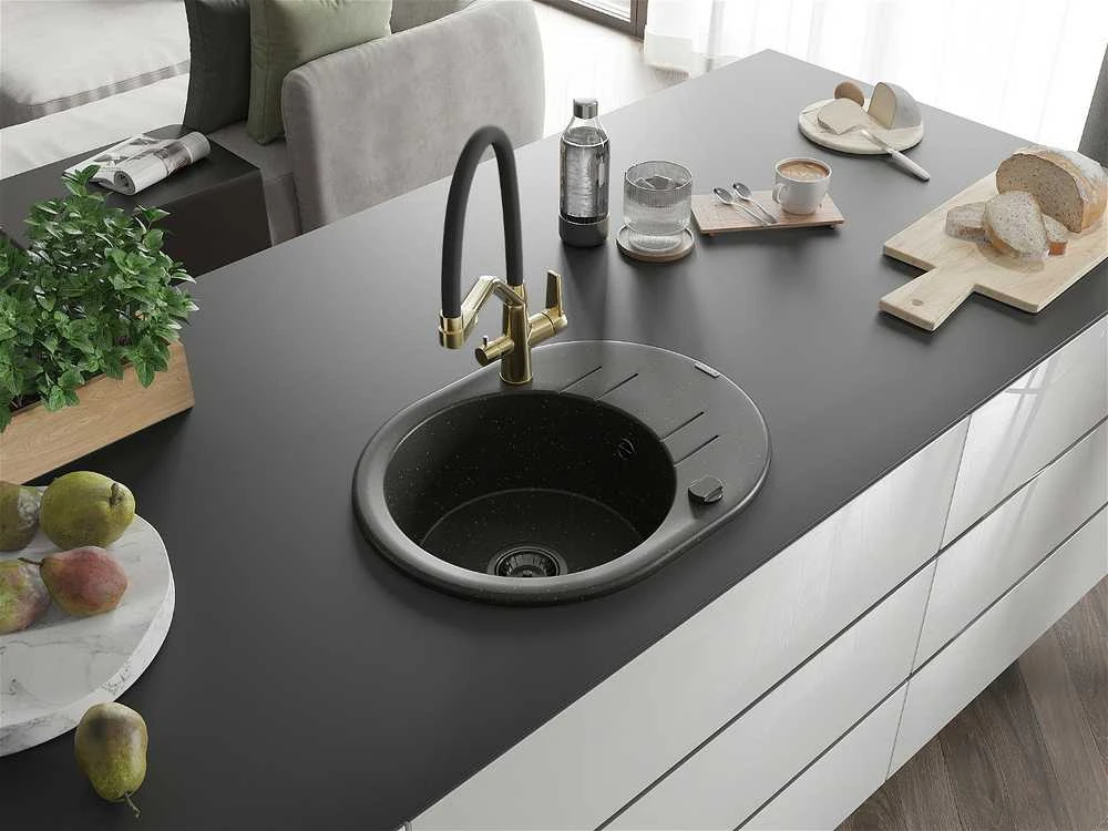 Granitinė virtuvinė plautuvė Mexen Kevin su maišytuvu ir sifonu, Metallic juodas/auksinis+Juodas/Gold