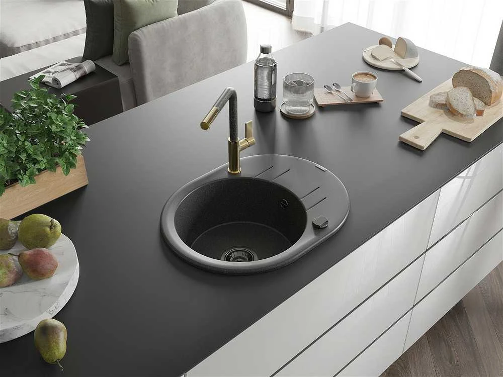 Granitinė virtuvinė plautuvė Mexen Kevin su maišytuvu ir sifonu, Juodas granite+Juodas granite/Gold