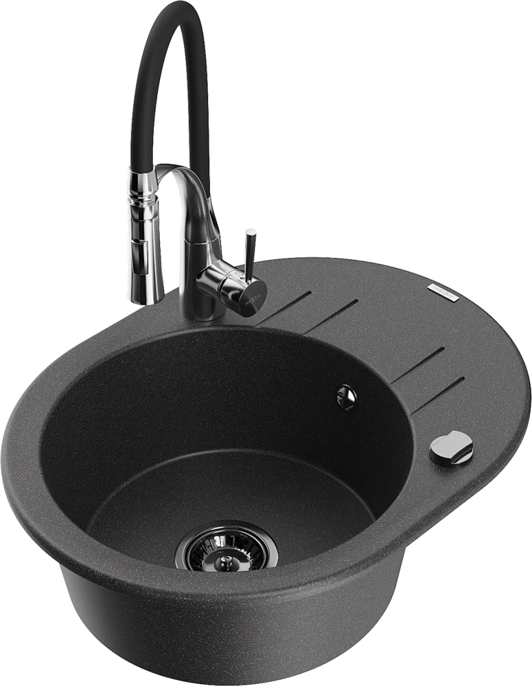 Granitinė virtuvinė plautuvė Mexen Kevin su maišytuvu ir sifonu, Juodas granite+Juodas/Chrome