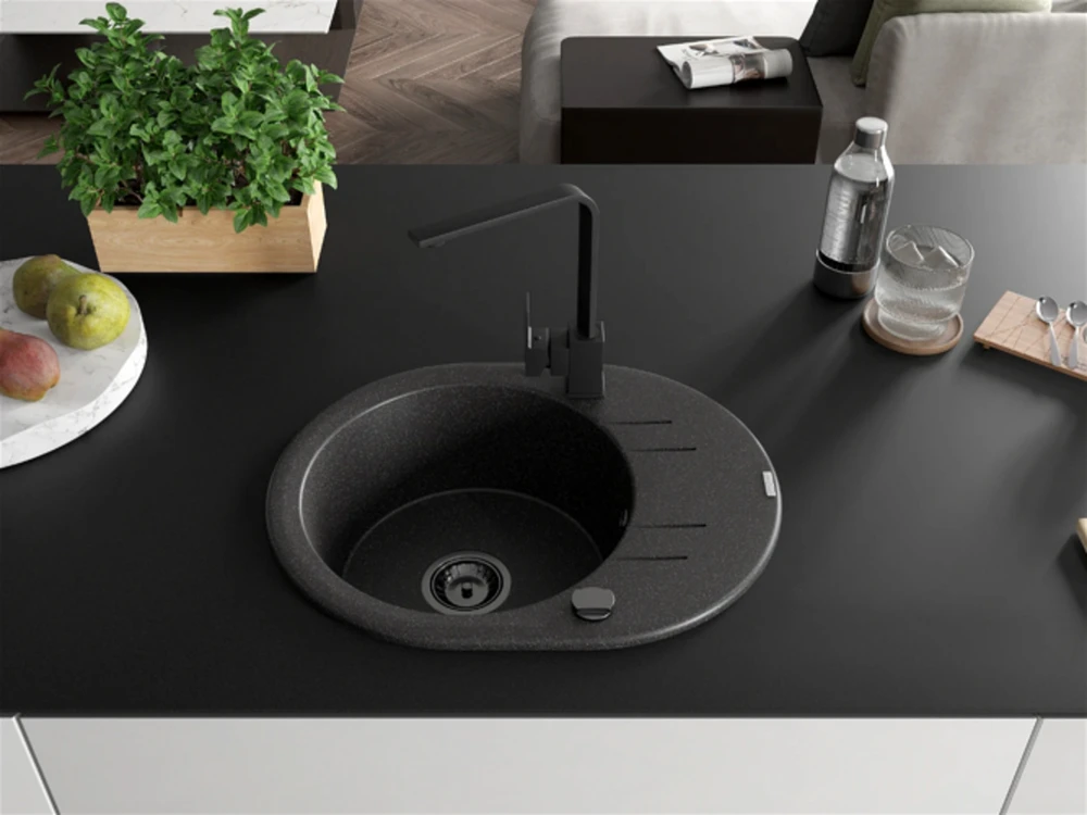 Granitinė virtuvinė plautuvė Mexen Kevin su maišytuvu ir sifonu, Juodas granite+Juodas(B)