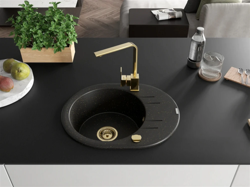 Granitinė virtuvinė plautuvė Mexen Kevin su maišytuvu ir sifonu, Metallic juodas/auksinis+Gold