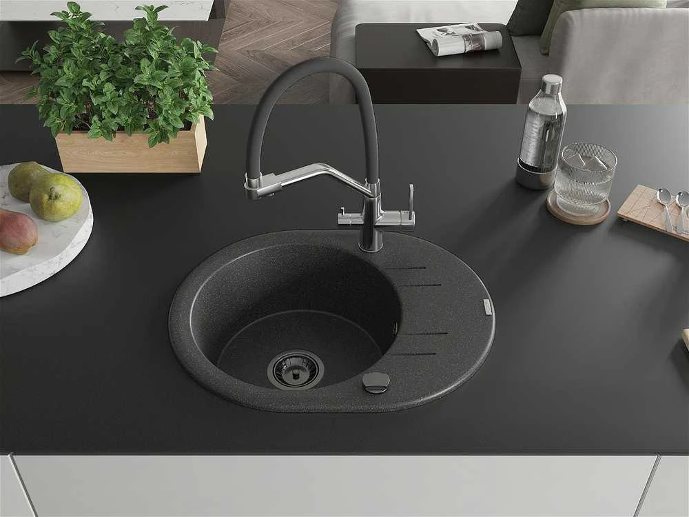 Granitinė virtuvinė plautuvė Mexen Kevin su maišytuvu ir sifonu, Juodas granite+Juodas/Chrome