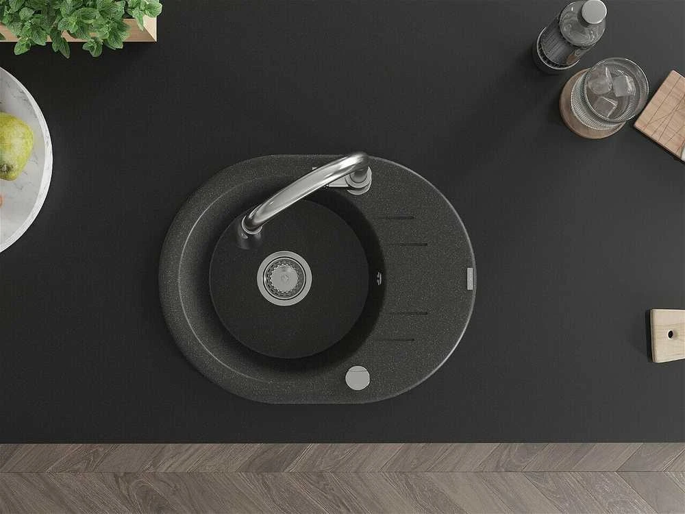Granitinė virtuvinė plautuvė Mexen Kevin su maišytuvu ir sifonu, Juodas granite+Chrome