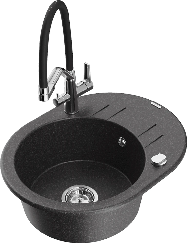 Granitinė virtuvinė plautuvė Mexen Kevin su maišytuvu ir sifonu, Juodas granite+Juodas/Chrome