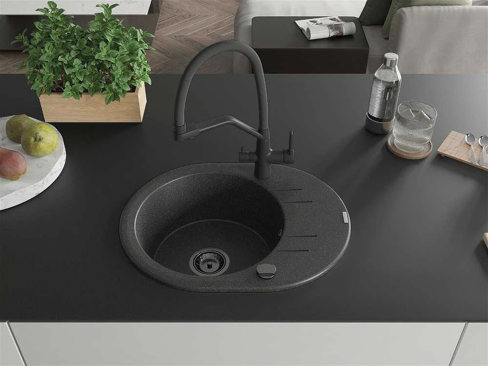 Granitinė virtuvinė plautuvė Mexen Kevin su maišytuvu ir sifonu, Juodas granite+Juodas