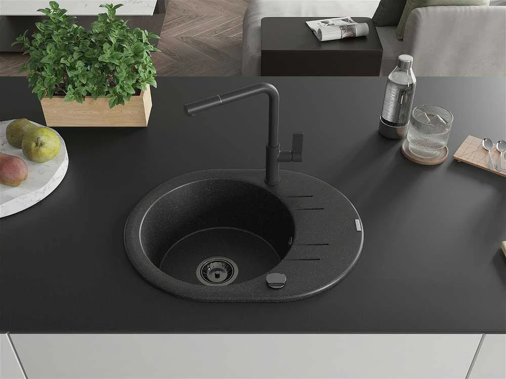 Granitinė virtuvinė plautuvė Mexen Kevin su maišytuvu ir sifonu, Metallic juodas/sidabrinis+Juodas