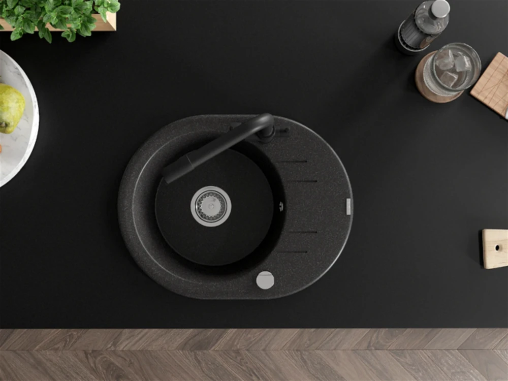 Granitinė virtuvinė plautuvė Mexen Kevin su maišytuvu ir sifonu, Juodas granite+Juodas