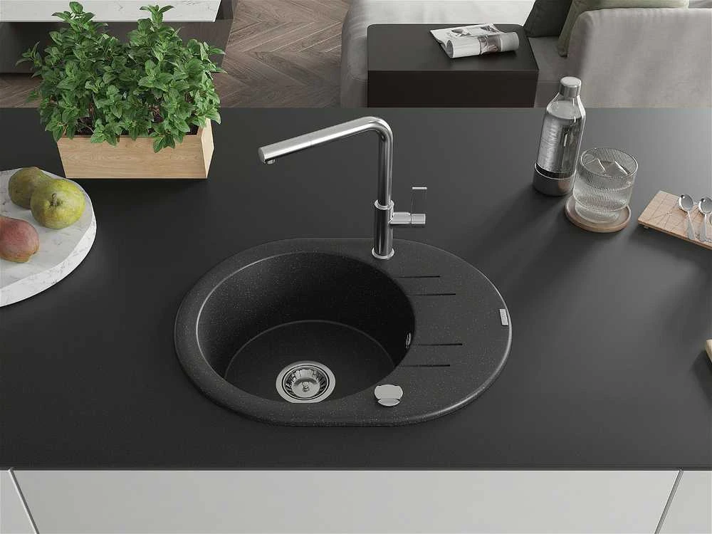 Granitinė virtuvinė plautuvė Mexen Kevin su maišytuvu ir sifonu, Metallic juodas/sidabrinis+Chrome