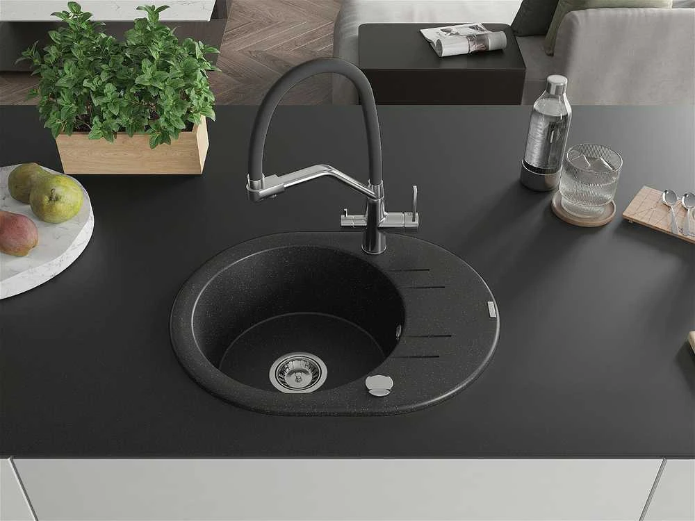 Granitinė virtuvinė plautuvė Mexen Kevin su maišytuvu ir sifonu, Metallic juodas/sidabrinis+Juodas/Chrome