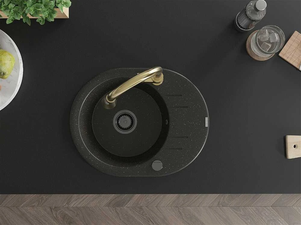 Granitinė virtuvinė plautuvė Mexen Kevin su maišytuvu ir sifonu, Metallic juodas/auksinis+Gold