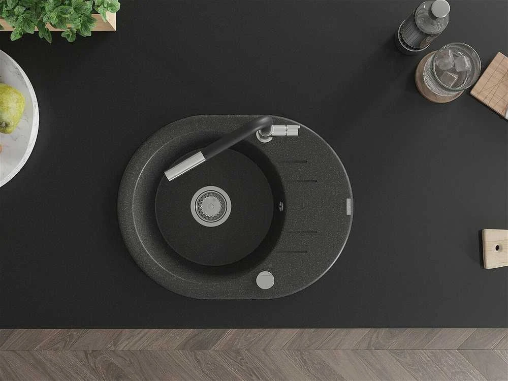 Granitinė virtuvinė plautuvė Mexen Kevin su maišytuvu ir sifonu, Juodas granite+Juodas/Chrome