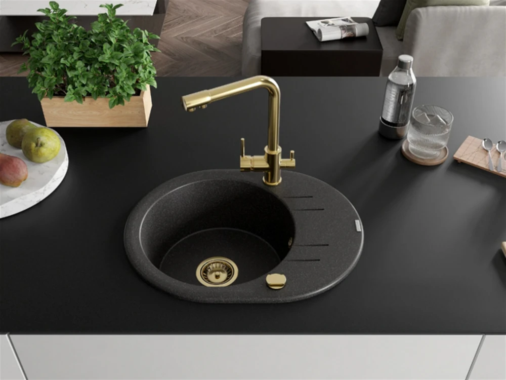 Granitinė virtuvinė plautuvė Mexen Kevin su maišytuvu ir sifonu, Juodas granite+Gold