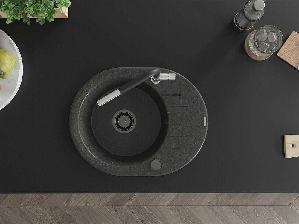 Granitinė virtuvinė plautuvė Mexen Kevin su maišytuvu ir sifonu, Juodas granite+Juodas/Chrome