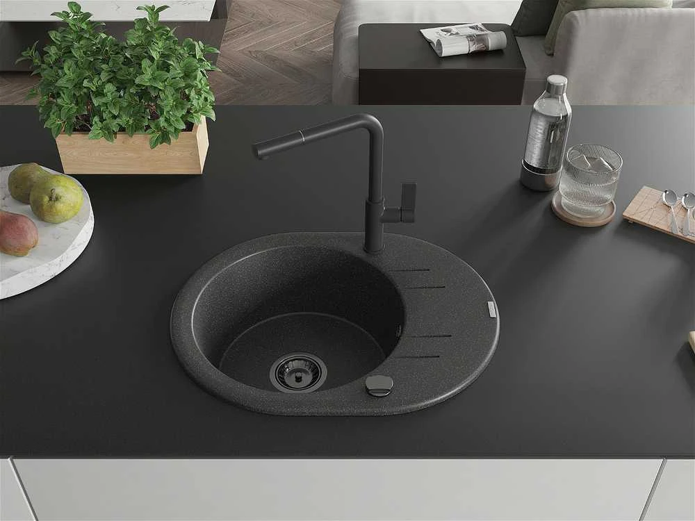 Granitinė virtuvinė plautuvė Mexen Kevin su maišytuvu ir sifonu, Juodas granite+Juodas