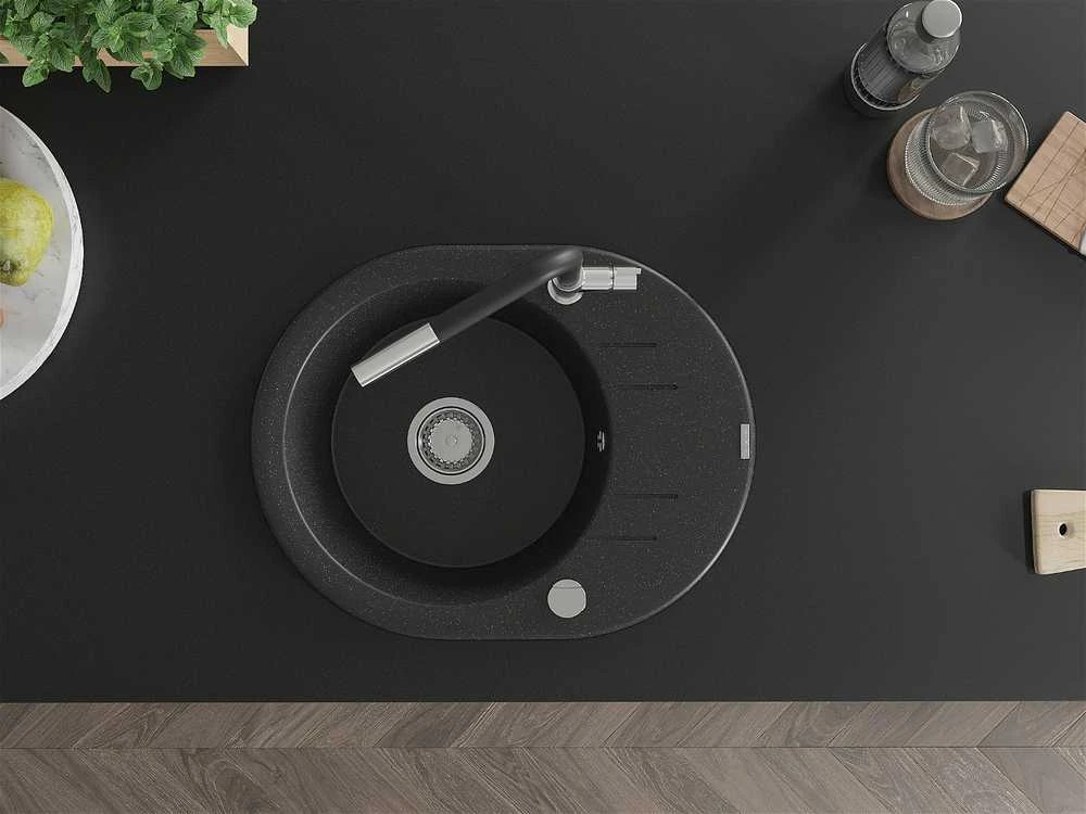 Granitinė virtuvinė plautuvė Mexen Kevin su maišytuvu ir sifonu, Metallic juodas/sidabrinis+Juodas/Chrome